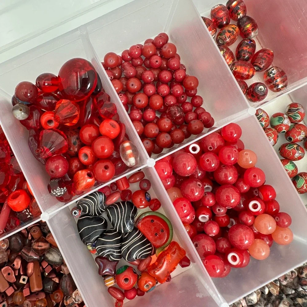 Large Red Glass Bead Lot Jewelry Making Supplies Floral Craft Organizer Case